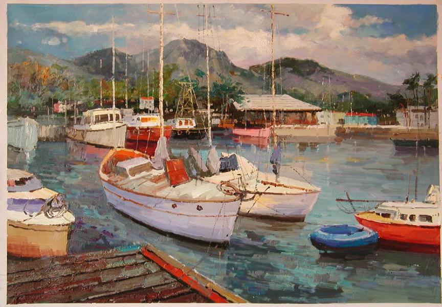 ציור שמן סירות במזח